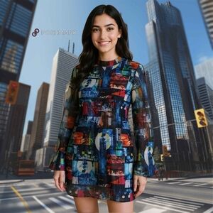 Blue and Red City Night Life Dress with Bell Sleeves Crew Neck